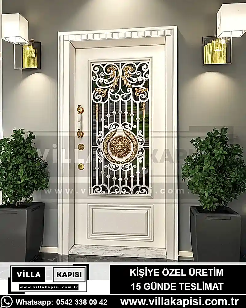 Klasik Villa Kapısı Tenesse 24 Kirik-Beyaz-Dis-Kapi-Altin-Ferforje-Aslan